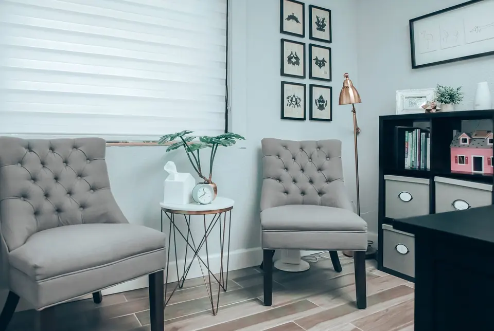 Spreekkamer met twee grijze stoelen, een plant en een boekenkast